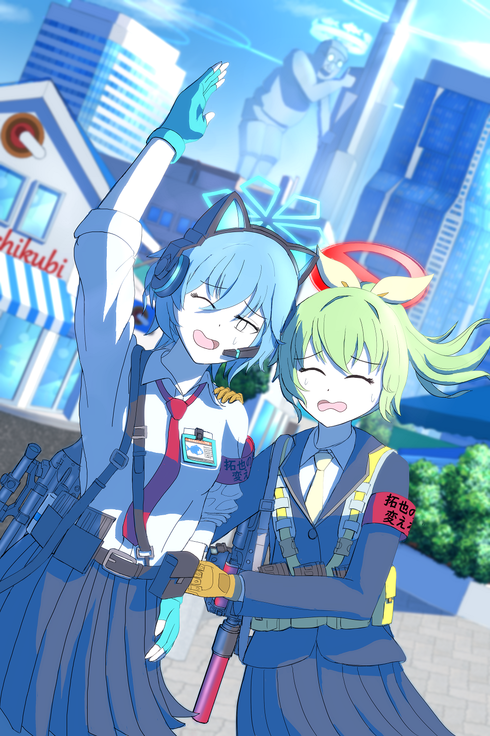 2girls, arm_up, black_jacket, black_skirt, blazer, blue_archive, blue_gloves, blue_halo
