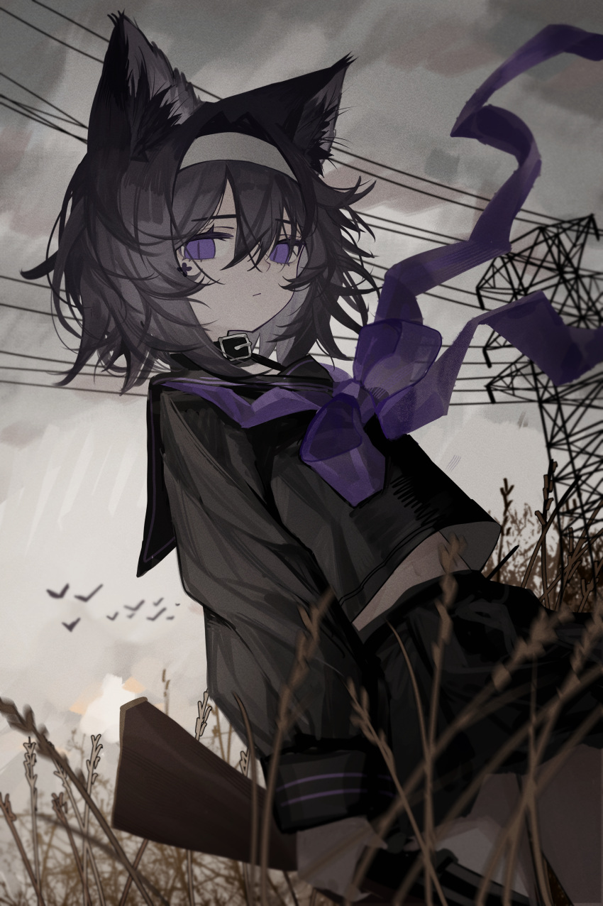 1cyaya1, 1girl, absurdres, animal_ear_fluff, animal_ears, bird, black_collar, black_hair, black_sailor_collar, black_serafuku, black_shirt, black_skirt, bow, bowtie, cat_ears, closed_mouth, clouds, cloudy_sky, collar, commentary_request, cowboy_shot, dark, dutch_angle, expressionless, feet_out_of_frame, floating_neckwear, grey_sky, gun, hair_between_eyes, hairband, highres, holding, holding_gun, holding_weapon, long_sleeves, looking_at_viewer, merlot_(1cyaya1), midriff_peek, neckerchief, original, outdoors, overcast, pleated_skirt, power_lines, purple_bow, purple_bowtie, purple_neckerchief, sailor_collar, school_uniform, serafuku, shirt, short_hair, skirt, sky, solo, transmission_tower, violet_eyes, weapon, white_hairband