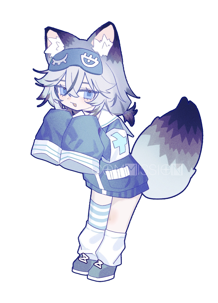 1cyaya1, 1girl, animal_ears, armband, black_hair, blue_jacket, blue_thighhighs, commentary_request, commission, deformed, film_grain, fox_ears, fox_girl, fox_tail, fuwa_(1cyaya1), grey_hair, grey_shoes, hair_between_eyes, highres, jacket, leg_warmers, long_hair, long_sleeves, open_mouth, original, sailor_collar, sailor_jacket, shoes, simple_background, single_thighhigh, sleep_mask, sleeves_past_fingers, sleeves_past_wrists, smile, solo, tail, thigh-highs, watermark, white_armband, white_background, white_leg_warmers, white_sailor_collar