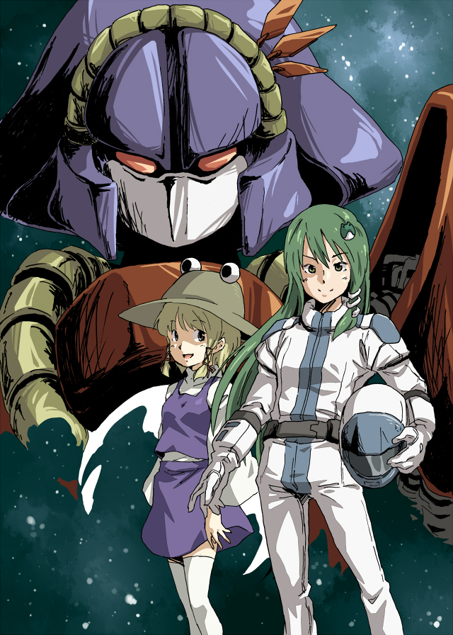 frog, green_eyes, green_hair, gundam, hat, helmet, kochiya_sanae, long_hair, mecha, mechanization, moriya_suwako, multiple_girls, parody, pilot_suit, short_hair, snake, thighhighs, touhou, white_legwear, yasaka_kanako, yudepii, yuderupii, zeta_gundam