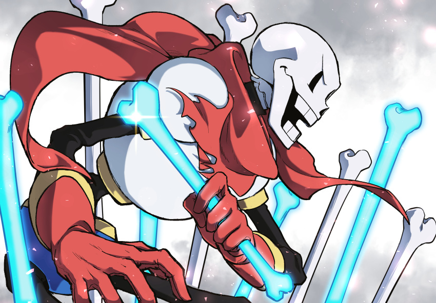 1boy, 2024, 2d, ahin_vpv, armor, black_eyes, blue_shorts, bone, cape, clouds, cloudy_sky, cowboy_shot, digital_media, fighting_stance, from_side, gloves, highres, holding, holding_bone, humanoid, male, male_focus, male_only, monster, monster_boy, oekaki, open_mouth, papyrus_(undertale), red_cape, red_gloves, red_scarf, scarf, shorts, simple_background, skeleton, sky, smile, solo, sparkle, teeth, undead, undertale, white_armor, white_background