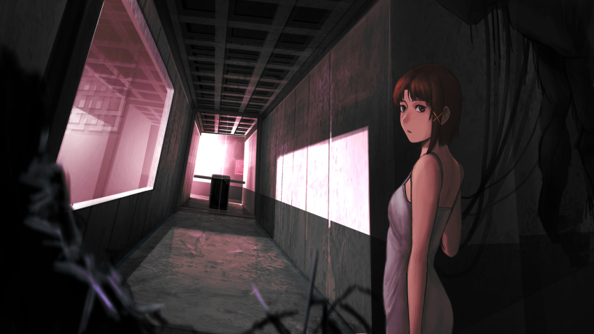1girl, bare_shoulders, brown_eyes, brown_hair, dress, expressionless, grey_dress, hair_ornament, hallway, highres, indoors, iwakura_lain, looking_at_viewer, nanbu_yasumi, serial_experiments_lain, short_hair, solo, x_hair_ornament