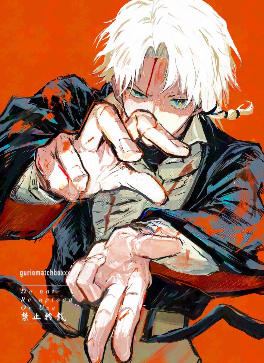 1boy, asymmetrical_hair, black_coat, black_shirt, blood, blood_on_clothes, blood_on_face, blood_on_hands