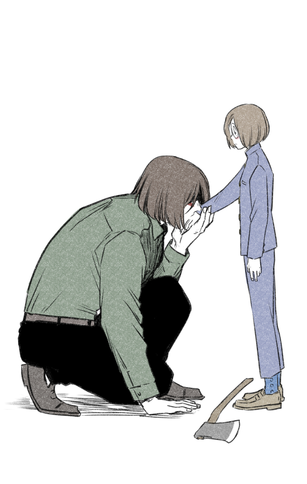 2boys, aged_down, axe, axe_luther, brown_hair, commentary_request, dream_luther, dual_persona