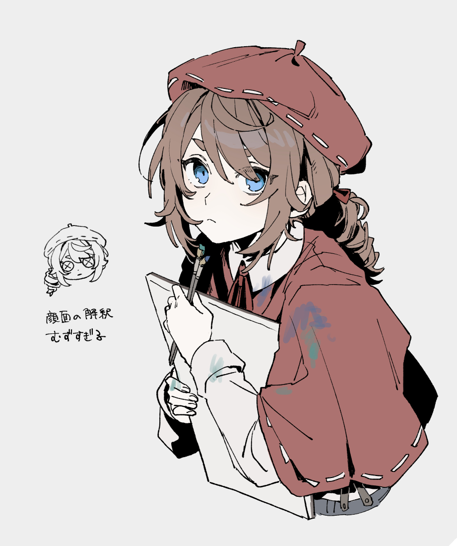 1boy, androgynous, beret, blue_eyes, brown_hair, canvas_(object), capelet, edgar_valden