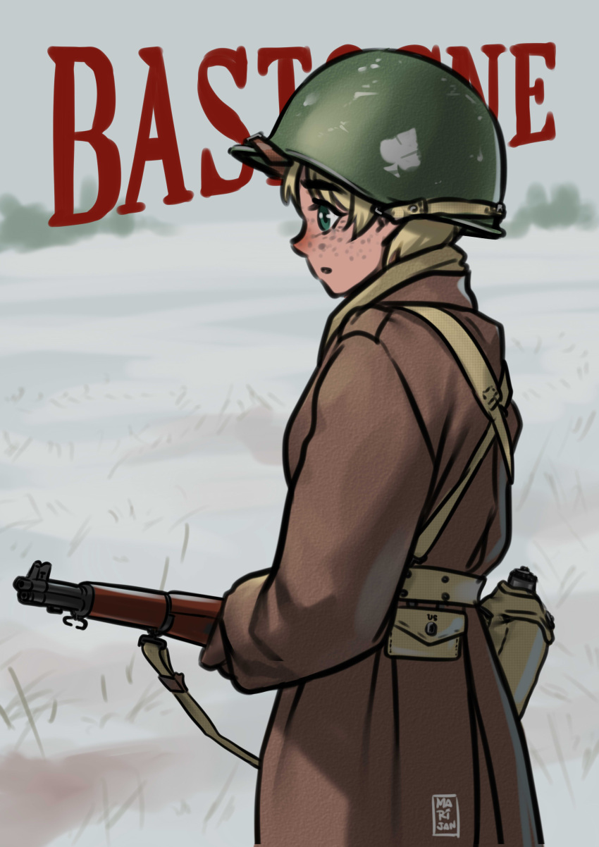 101st_airborne, 1girl, 506th_parachute_infantry_regiment_(us_army), absurdres, battle_of_the_bulge, blonde_hair, brown_coat, brown_gloves