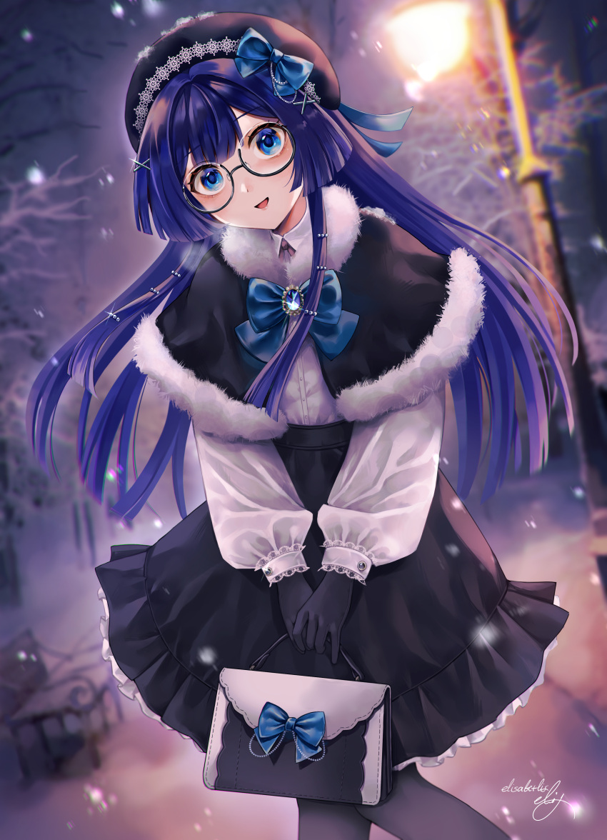 1girl, absurdres, alternate_costume, beret, black_gloves, black_hat, blue_eyes, blue_hair, coat, elisabetlis, glasses, gloves, hat, highres, honkai:_star_rail, honkai_(series), long_hair, looking_at_viewer, open_mouth, pantyhose, pela_(honkai:_star_rail), round_eyewear, snowing, solo, winter, winter_clothes, winter_coat, winter_uniform