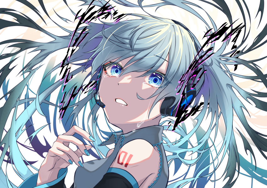 1girl, absurdres, aqua_hair, blue_eyes, blue_hair, crying, crying_with_eyes_open, detached_sleeves