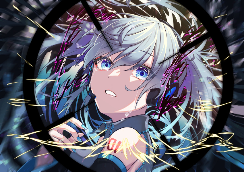 1girl, absurdres, aqua_hair, blue_eyes, blue_hair, crying, crying_with_eyes_open, detached_sleeves