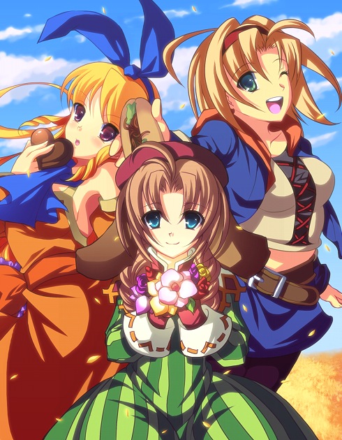 :d, ahoge, animal_ears, belt, blonde_hair, blue_eyes, bouquet, braid