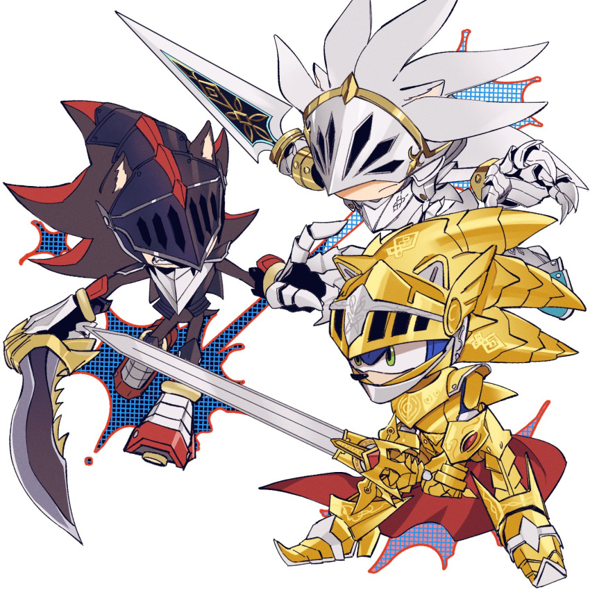 3boys, armor, cape, closed_mouth, excalibur_sonic, frown, furry, furry_male