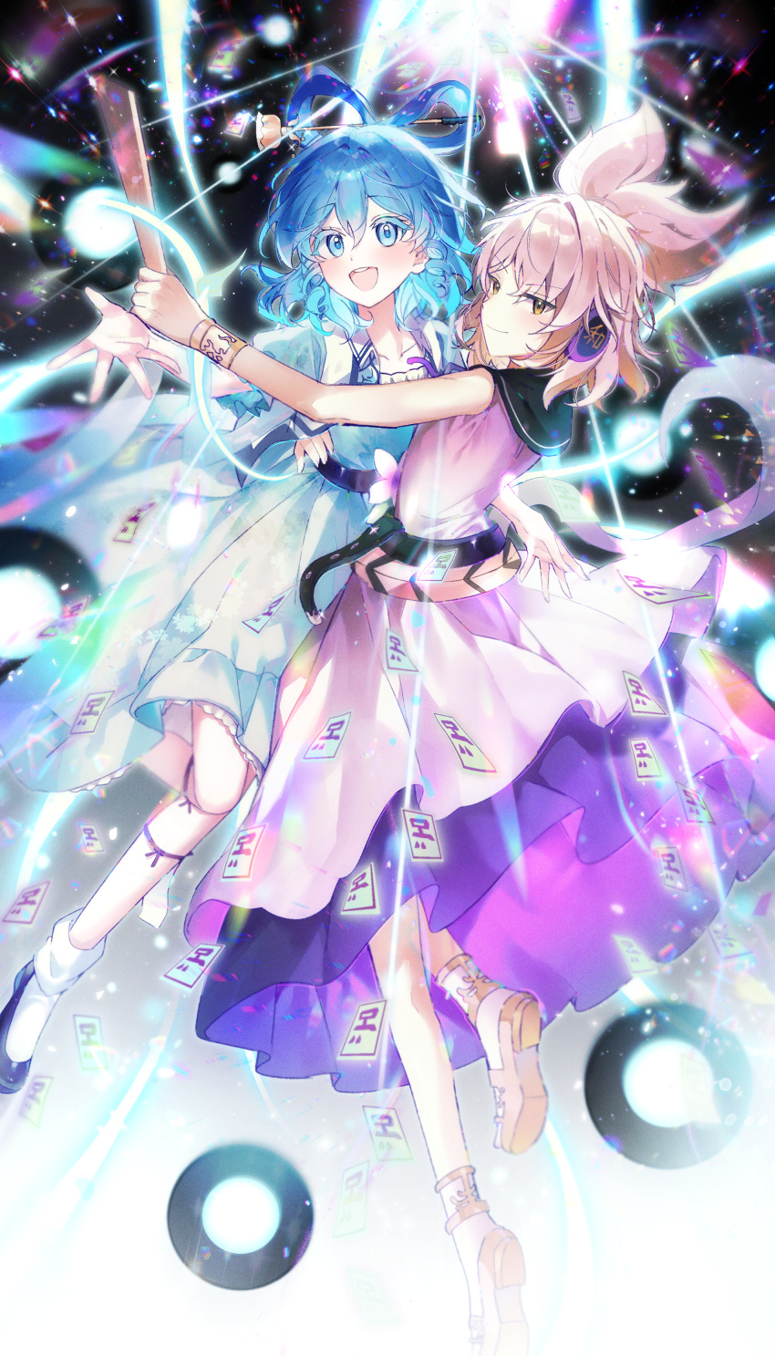 2girls, absurdres, arm_around_waist, bare_arms, belt, black_belt, black_shoes, blonde_hair