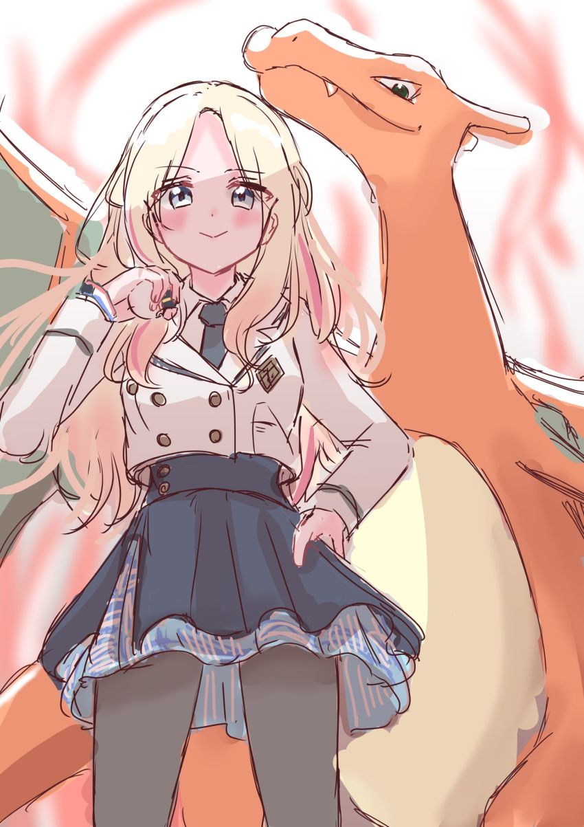 1girl, :>, animal, blazer, blonde_hair, blue_necktie, blue_skirt, blush, buttons, charizard, closed_mouth, collared_shirt, commentary, dot_nose, double-breasted, emblem, eyes_visible_through_hair, fangs, feet_out_of_frame, gakuen_idolmaster, grey_eyes, grey_pantyhose, hand_on_own_hip, hand_up, hatsuboshi_gakuen_school_uniform, high-waist_skirt, highres, idolmaster, jacket, juo_sena, long_hair, long_sidelocks, long_sleeves, looking_at_viewer, miniskirt, multicolored_hair, necktie, ojiramiiiii, one-hour_drawing_challenge, pantyhose, parted_bangs, petticoat, pink_streaks, pleated_skirt, pokemon, pokemon_(creature), school_uniform, shirt, side_slit, sidelocks, skirt, smile, solo, streaked_hair, white_jacket, wings