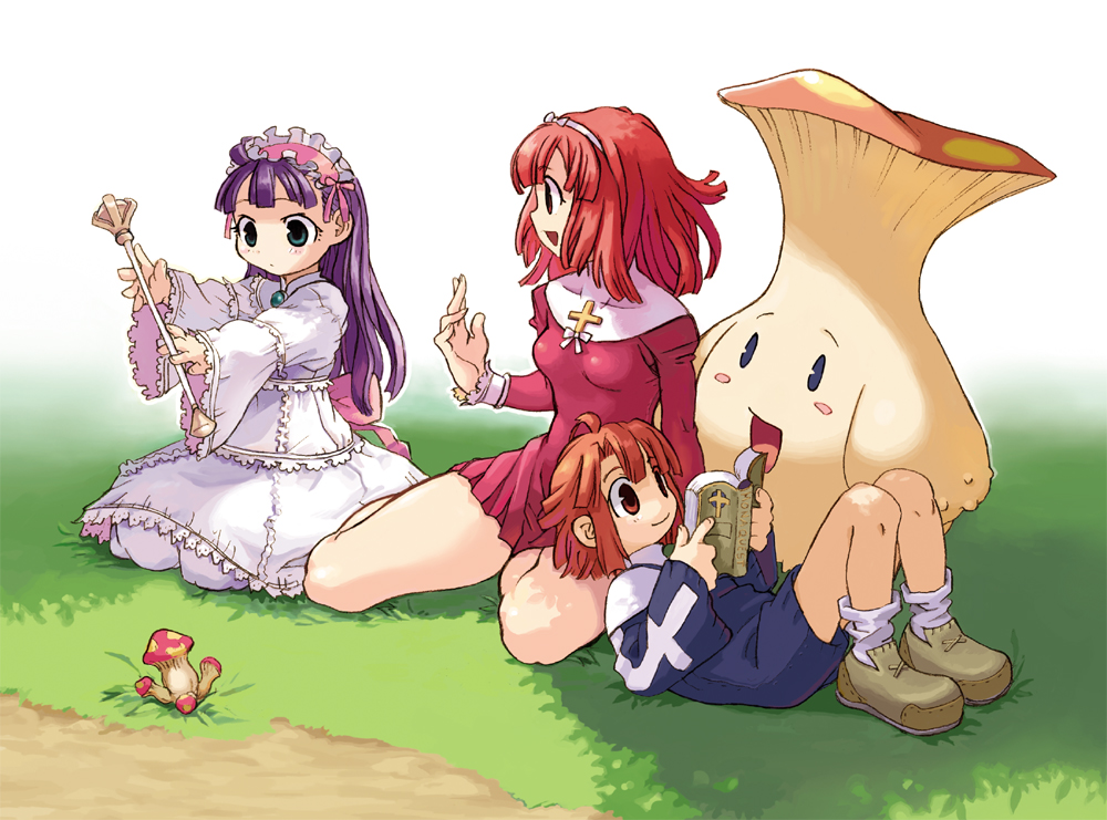 brown_eyes, brown_hair, child, culotte, dress, eclair_(la_pucelle), eryngi, everyone