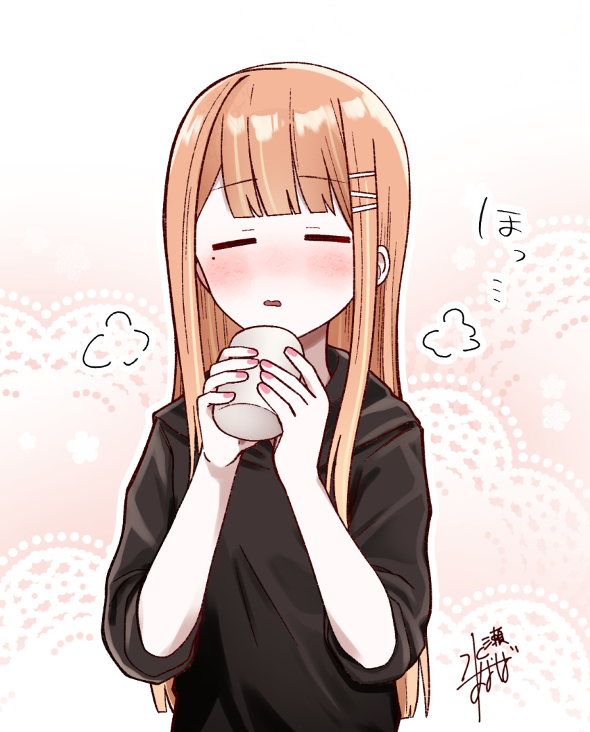 1girl, black_hoodie, commentary_request, cup, gakuen_idolmaster, h77kobato, hair_ornament, hairclip