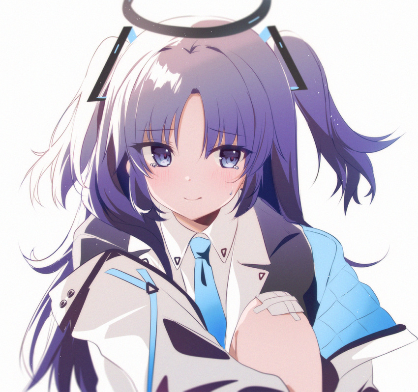 1girl, bandaid, black_jacket, blue_archive, blue_necktie, halo, jacket, k-rumi