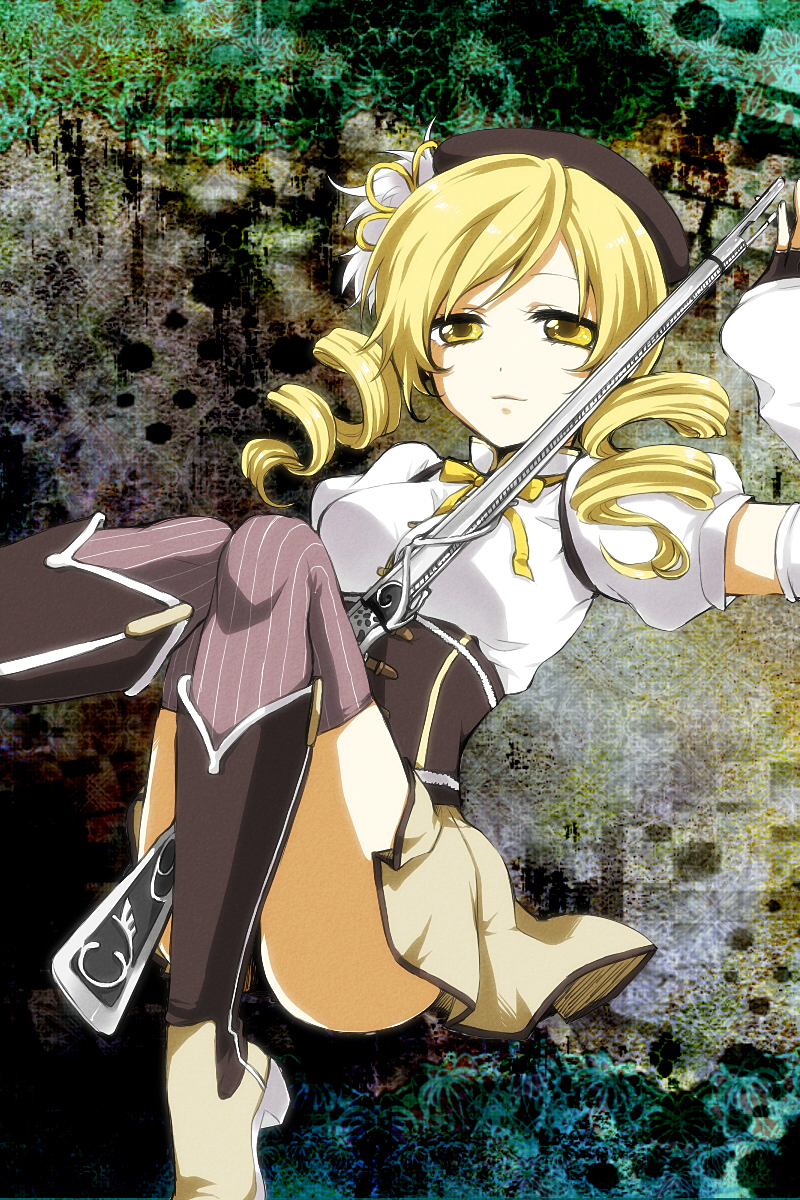 beret, blonde_hair, boots, brown_legwear, detached_sleeves, drill_hair, fingerless_gloves, gloves, gun, hair_ornament, hairpin, hat, highres, kca, light_smile, magical_girl, magical_musket, mahou_shoujo_madoka_magica, pleated_skirt, puffy_sleeves, ribbon, rifle, skirt, solo, taut_shirt, thigh-highs, thighhighs, tomoe_mami, twin_drills, vertical-striped_legwear, vertical_stripes, weapon, yellow_eyes, zettai_ryouiki