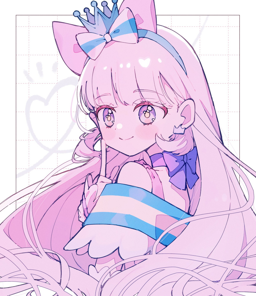 1girl, blue_crown, blue_hairband, blue_sleeves, blunt_bangs, blush_stickers, border, bow