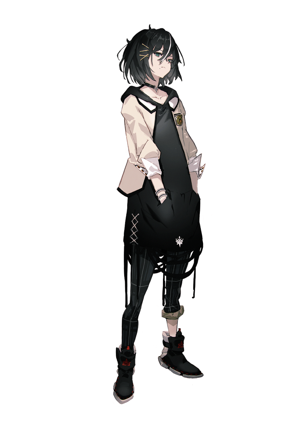 1boy, bad_source, black_hair, black_shirt, blue_eyes, bracelet, full_body, hair_ornament