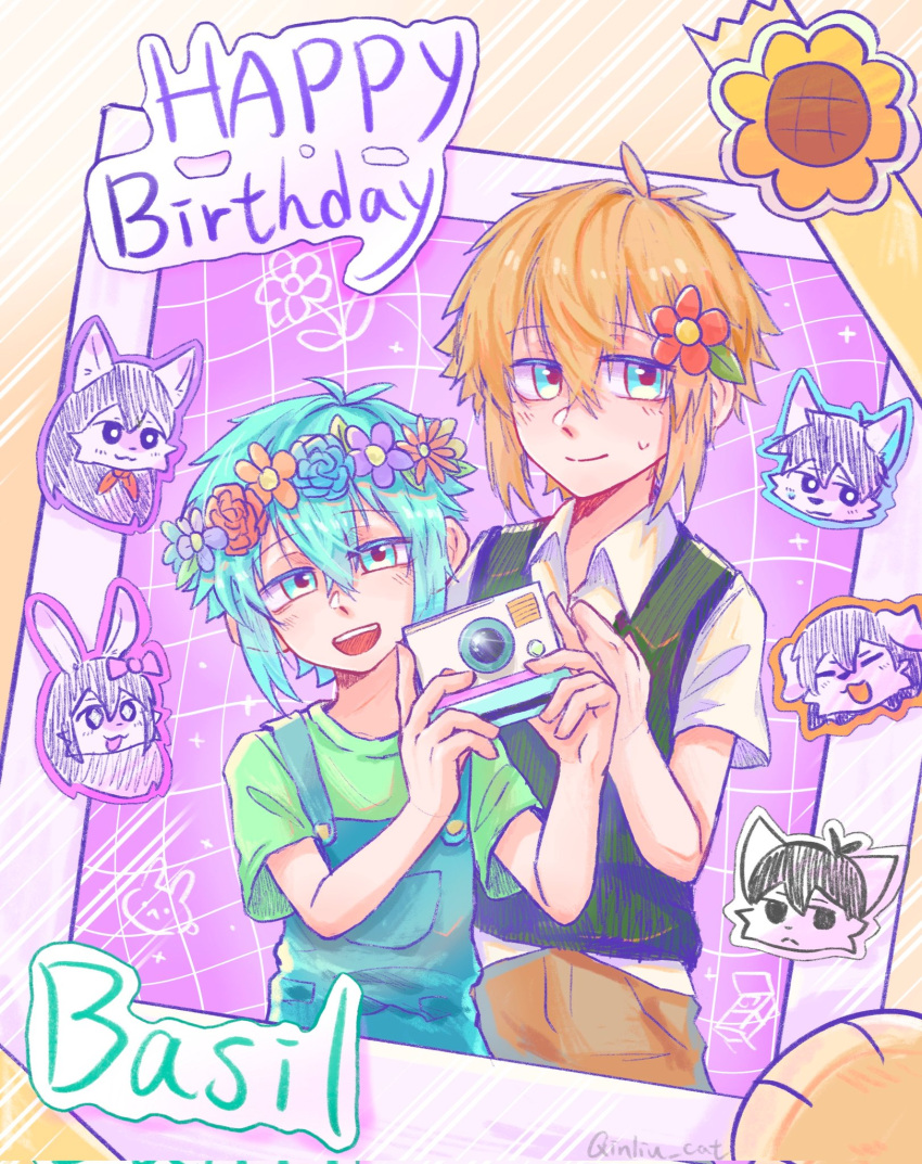 2girls, 5boys, antenna_hair, artist_name, aubrey_(headspace)_(omori), aubrey_(omori), basil_(faraway)_(omori), basil_(headspace)_(omori)