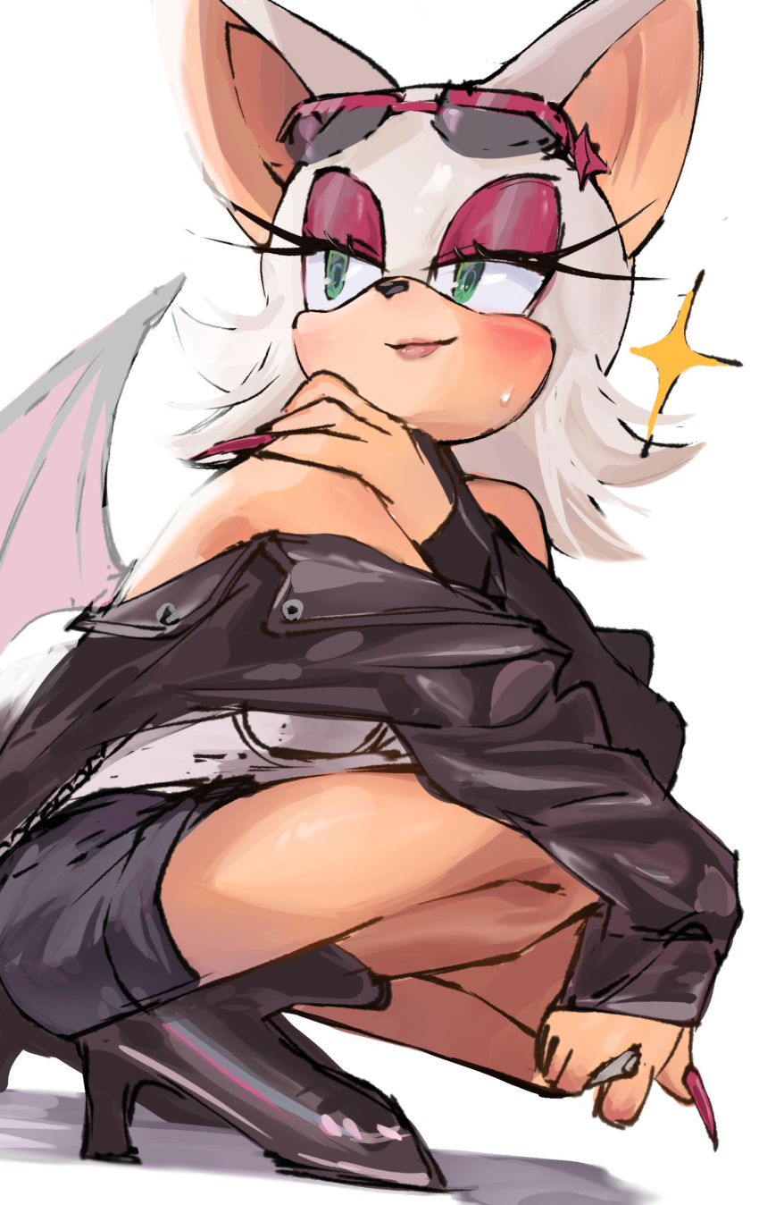 1girl, absurdres, alternate_costume, animal_ears, animal_nose, bat_ears, bat_girl, bat_tail, bat_wings, black_jacket, black_shoes, black_shorts, eyeshadow, eyewear_on_head, full_body, furry, furry_female, green_eyes, guin_(imarealpenguin), highres, jacket, looking_to_the_side, makeup, red_eyeshadow, red_nails, rouge_the_bat, shirt, shoes, shorts, simple_background, smile, solo, sonic_(series), squatting, white_background, white_fur, white_hair, white_shirt, wings