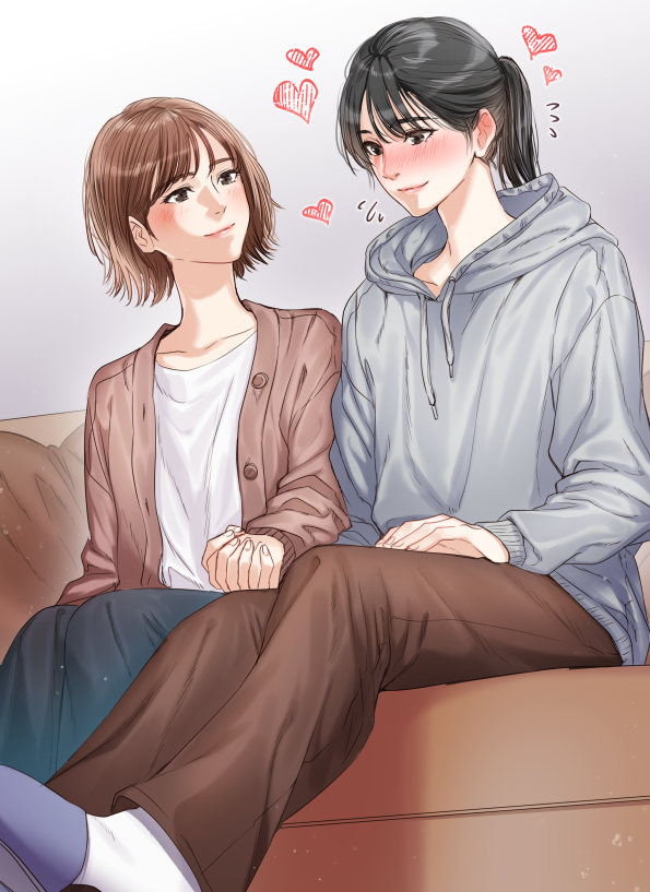 2girls, black_eyes, black_hair, blush, brown_eyes, brown_hair, commission, couch