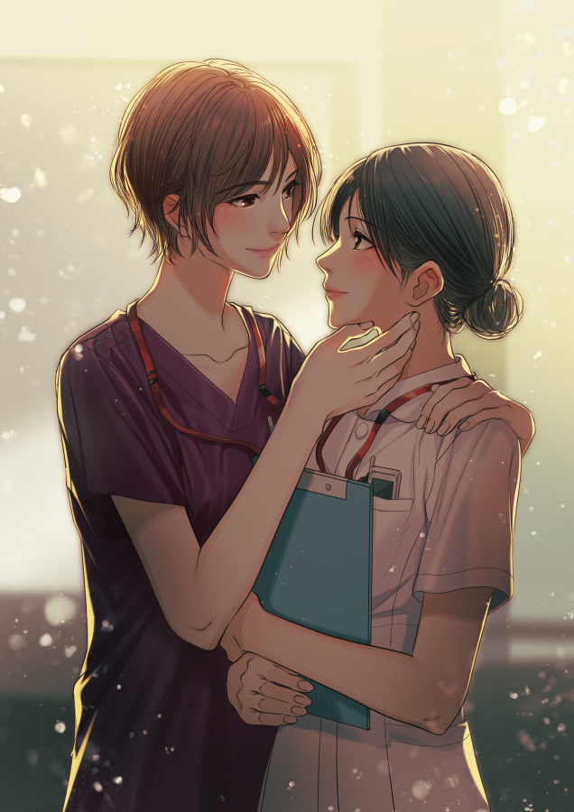 2girls, black_eyes, black_hair, brown_eyes, brown_hair, commission, doctor, hair_bun