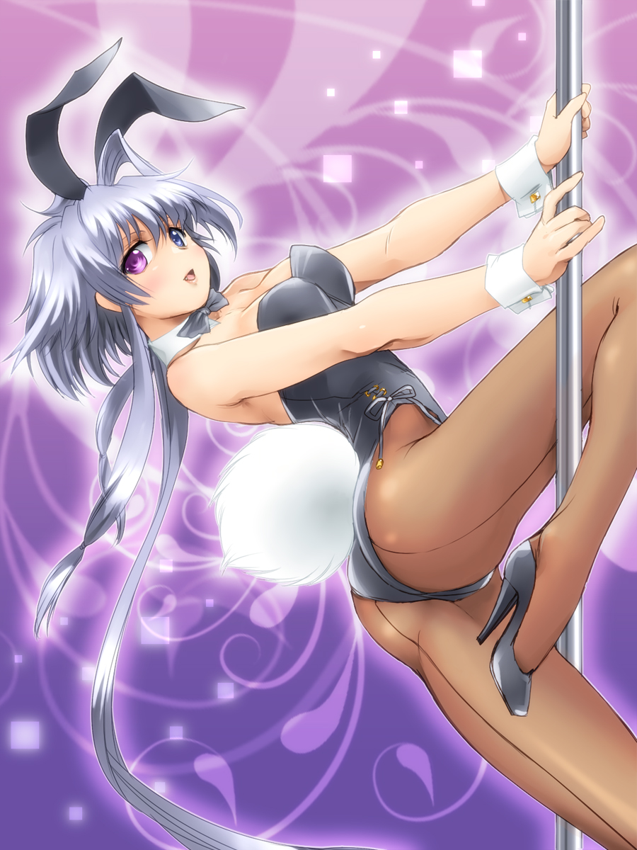 ass, back_seamed_legwear, breasts, bunny_ears, bunnysuit, cleavage, dancing, fang
