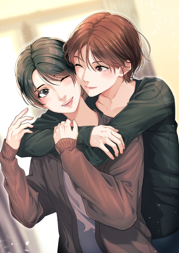 2girls, black_eyes, black_hair, brown_eyes, brown_hair, commission, hug, hug_from_behind