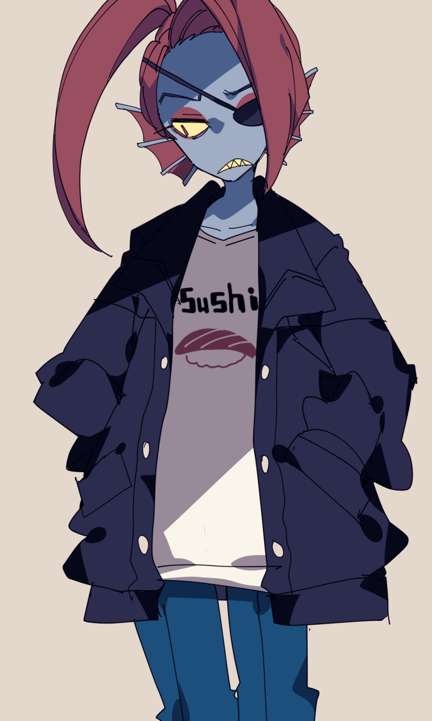 1girl, alternate_costume, black_jacket, blue_skin, brown_background, collarbone, colored_sclera, colored_skin