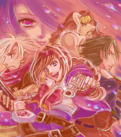3boys, beatrice_(wild_arms), beatrice_(wild_arms_3), belt, blue_eyes, bow, braid, brown_hair
