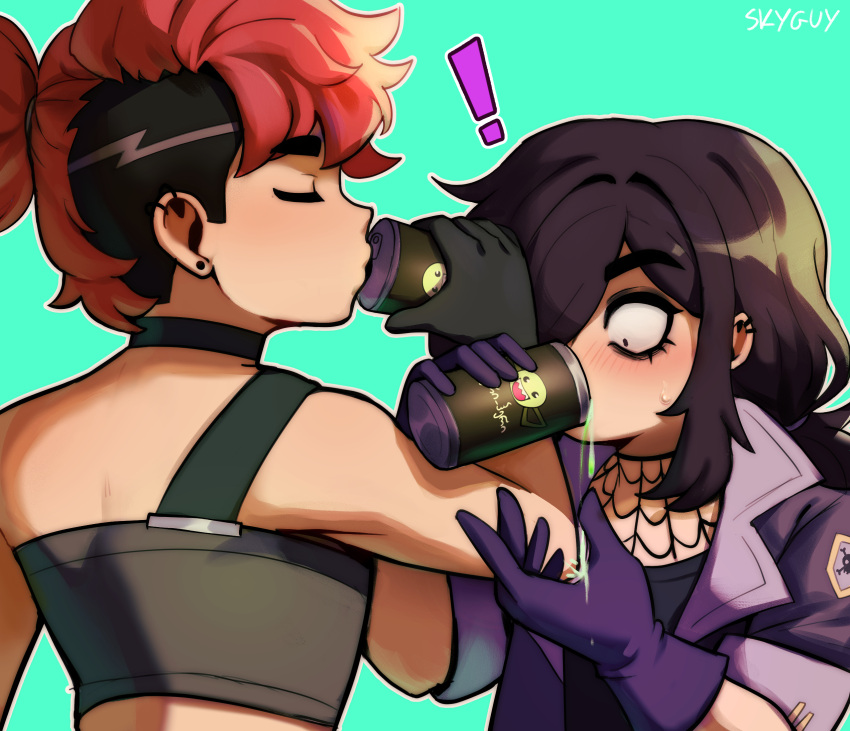 !, 2boys, black_hair, blush, can, choker, crop_top, drink_can, drinking, ear_piercing, earrings, gloves, guyinthesky, highres, holding, holding_can, ichiro_(ms_pigtails), jacket, jewelry, long_hair, multiple_boys, otoko_no_ko, piercing, ponytail, purple_gloves, purple_jacket, roland_(ms_pigtails)