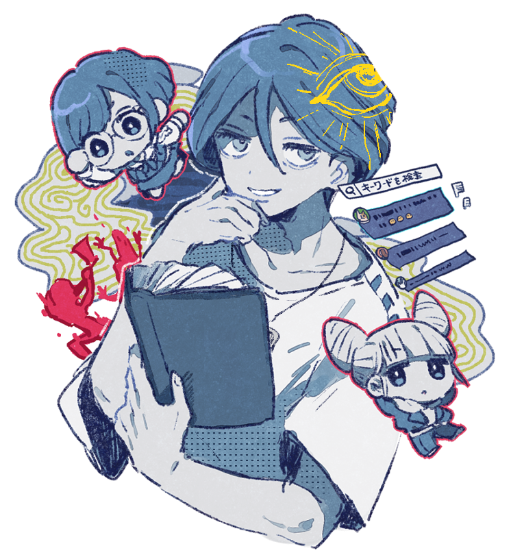 1boy, 2girls, book, chibi, double_bun, fukurai_azami, glasses, hair_bun, holding, holding_book, jewelry, looking_at_viewer, meguriya_ayumu, mnmn0406, multiple_girls, necklace, shirt, short_hair, smile, t-shirt, tomarigi_yasumi, toshi_densetsu_kaitai_center, transparent_background