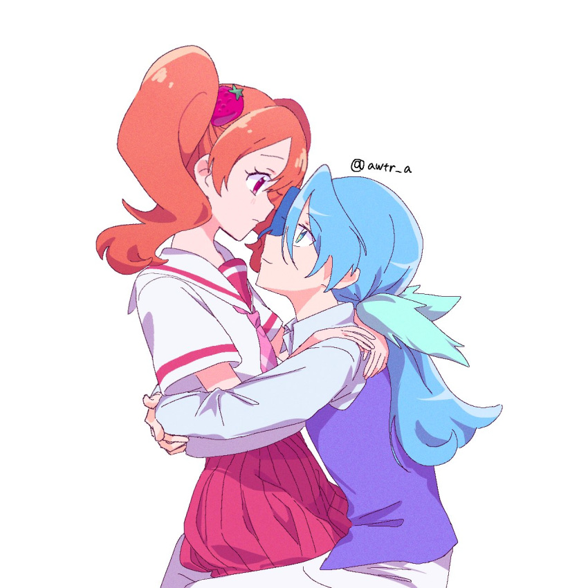 1boy, 1girl, awtr_a, couple, facing_to_the_side, food-themed_hair_ornament, hair_ornament, hands_on_another's_back