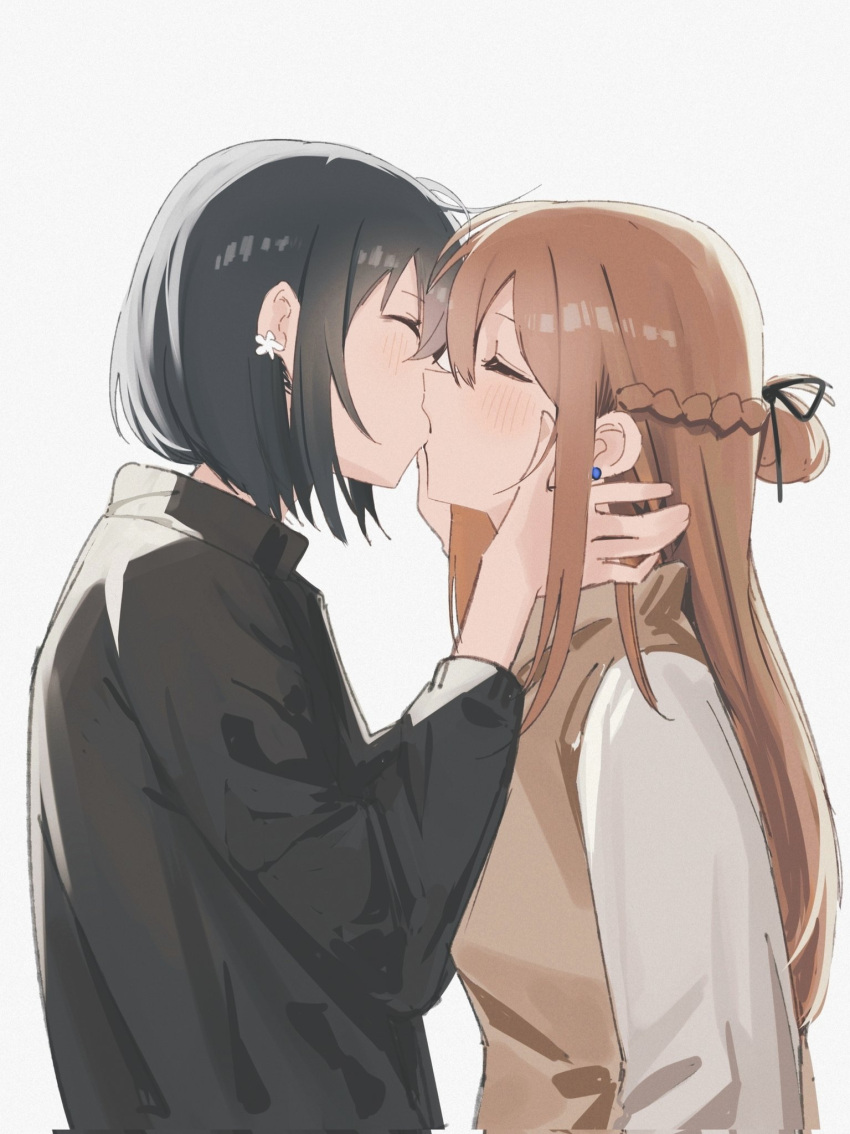 2girls, black_hair, black_ribbon, black_shirt, blush, brown_hair, brown_sweater_vest, closed_eyes
