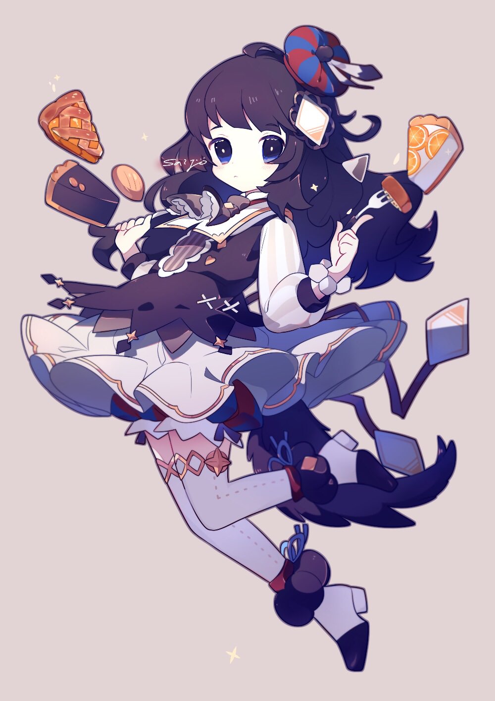 1girl, :<, ahoge, apron, black_apron, black_hair, bloomers, blue_eyes