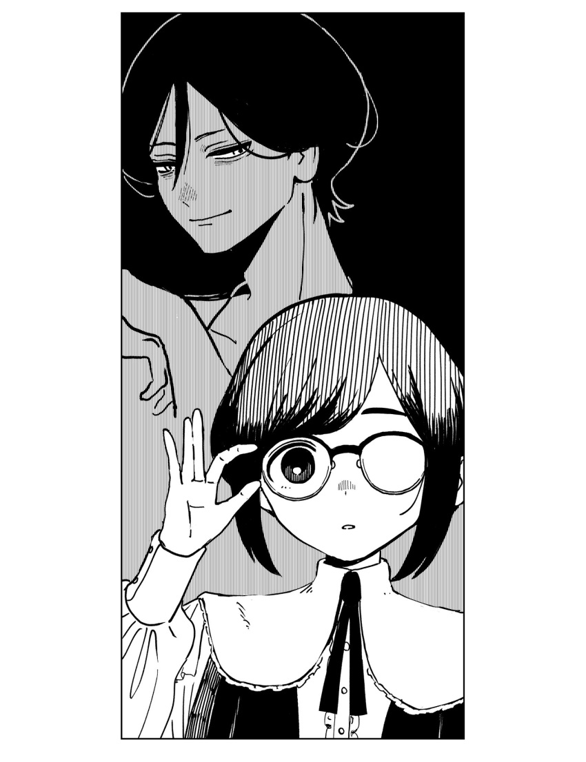 1boy, 1girl, commentary_request, expressionless, fukurai_azami, glasses, greyscale, highres