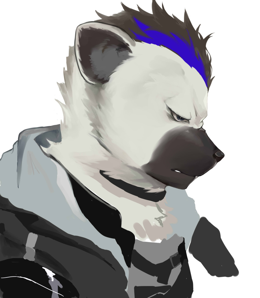 1boy, absurdres, angry, arknights, black_hair, dog_nose, furry, furry_male, grey_fur, highres, hyena_boy, hyena_ears, konge_wolf, looking_to_the_side, male_focus, multicolored_hair, spot_(arknights), streaked_hair, white_background