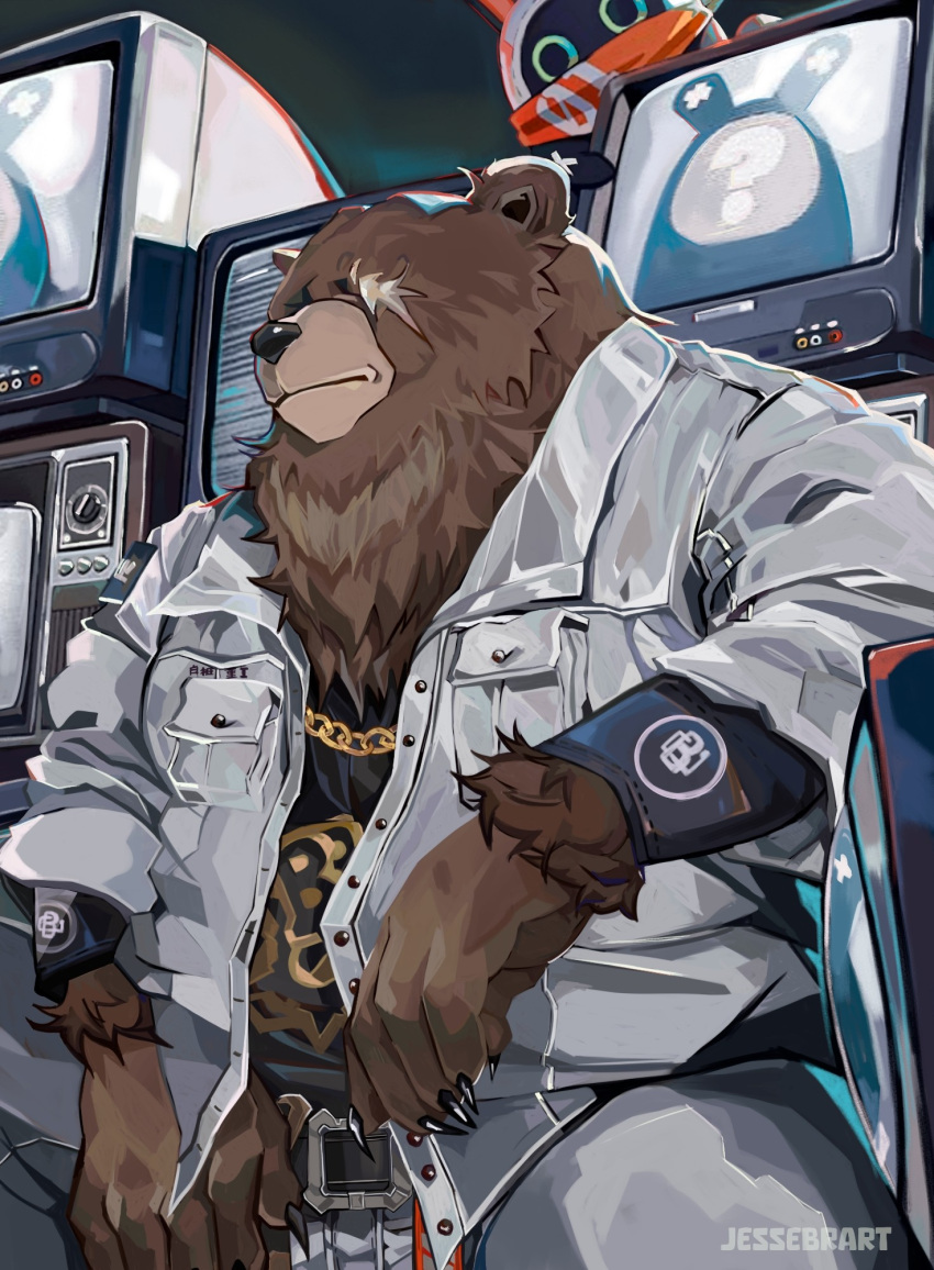 1boy, 1other, ?, animal_ears, artist_name, bangboo_(zenless_zone_zero), bear_boy, bear_ears