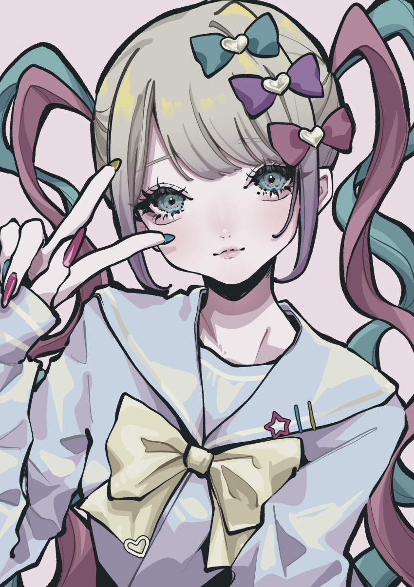 1girl, aegyo_sal, aqua_bow, aqua_eyes, aqua_hair, aqua_nails, blonde_hair, blue_sailor_collar, blue_shirt, blush, bow, bowtie, chouzetsusaikawa_tenshi-chan, closed_mouth, commentary_request, gradient_hair, hair_bow, hand_up, heart, highres, light_smile, lips, long_hair, long_sleeves, looking_at_viewer, multicolored_hair, multicolored_nails, multiple_hair_bows, nail_polish, needy_girl_overdose, pink_background, pink_bow, pink_hair, pink_nails, puffy_long_sleeves, puffy_sleeves, purple_bow, purple_hair, quad_tails, sailor_collar, school_uniform, senimin0192, shirt, simple_background, single_hair_intake, solo, star_(symbol), upper_body, v, v_over_eye, yellow_bow, yellow_bowtie, yellow_nails