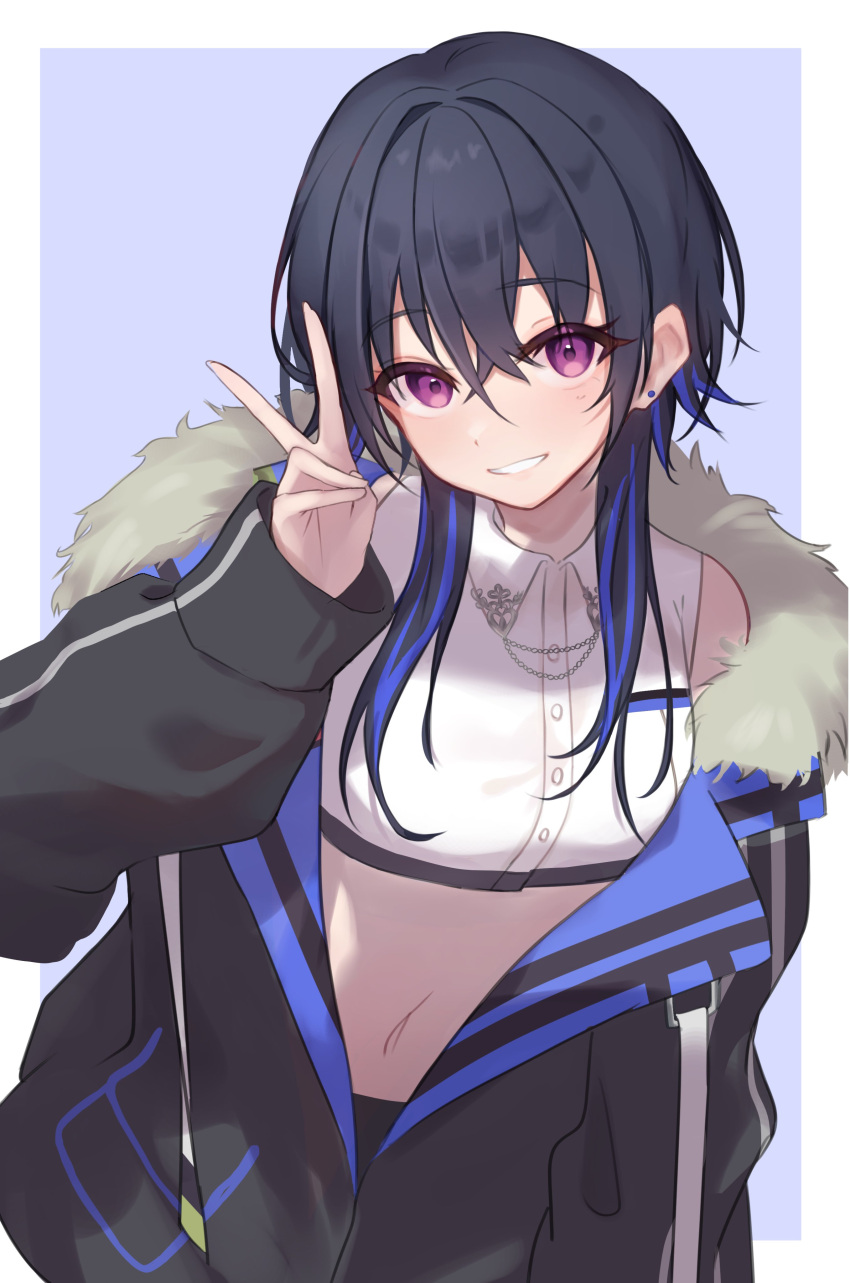 1girl, absurdres, black_hair, black_jacket, crop_top, cropped_shirt, crossed_bangs, earrings