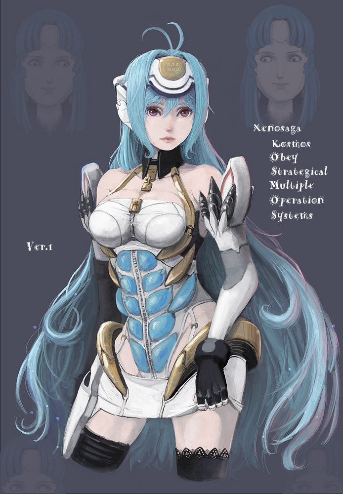 black_legwear, blue_hair, gloves, kos-mos, long_hair, mokkos, red_eyes, solo, thigh-highs, thighhighs, very_long_hair, xenosaga, yoruniyoruyoshi, zettai_ryouiki