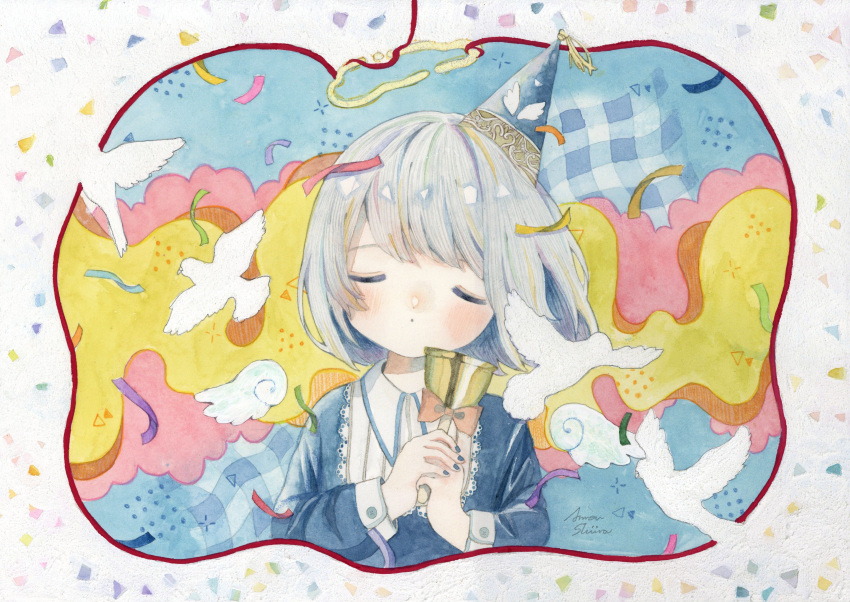 1girl, absurdres, amou_shiira, angel, angel_wings, bell, bird, blonde_hair
