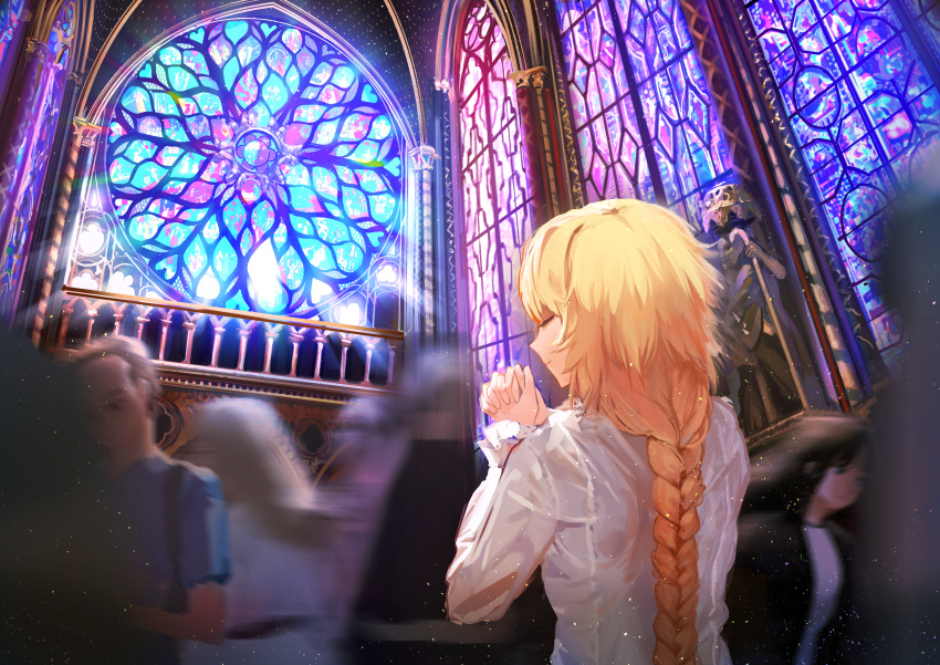 absurdres, blonde_hair, braid, church, closed_eyes, crowd, european_architecture, fate/grand_order