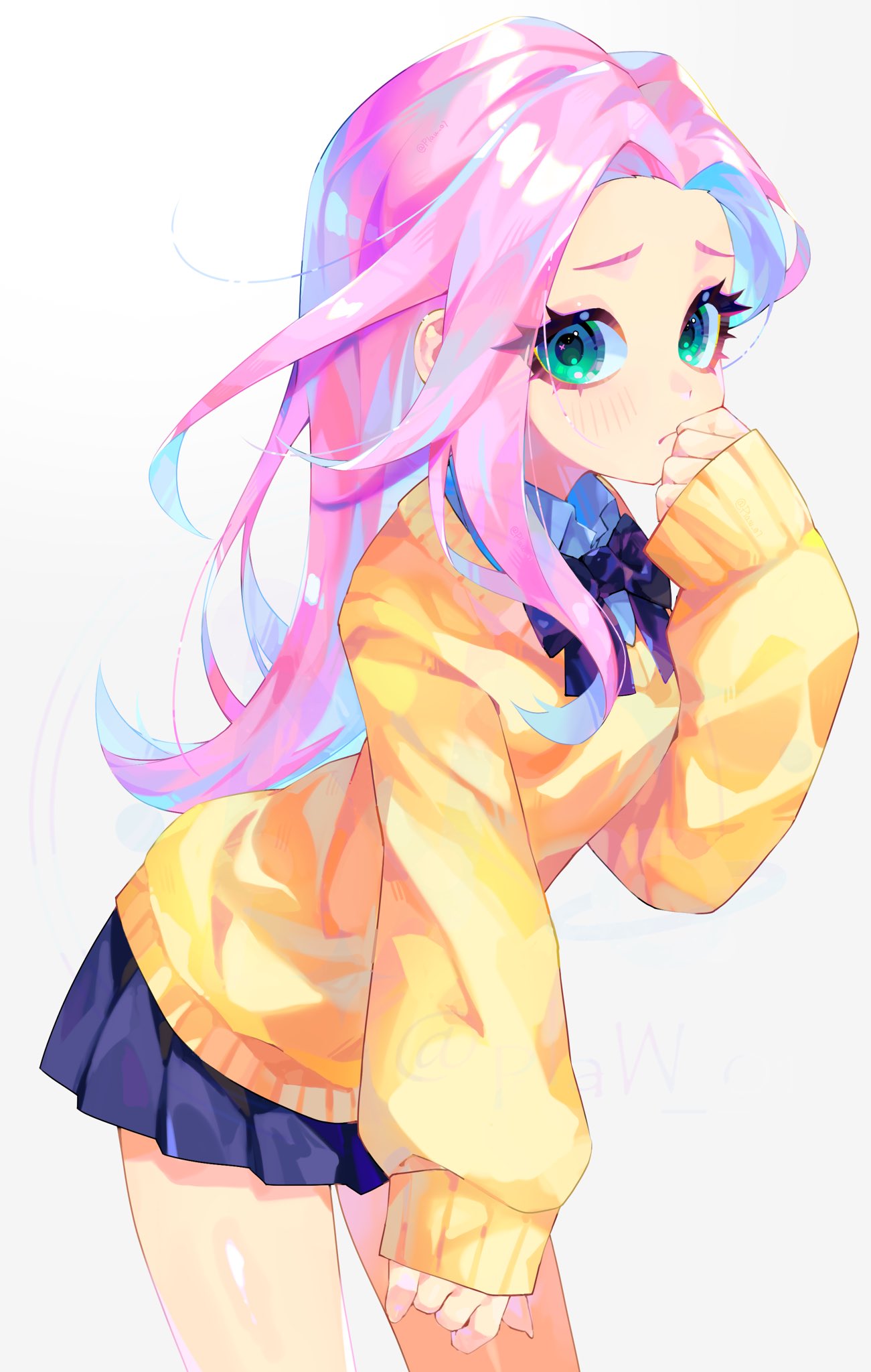 1girl, black_bow, black_bowtie, blue_skirt, blush, bow, bowtie, closed_mouth, collared_shirt, commentary, cowboy_shot, eyelashes, eyeshadow, fluttershy, frown, gradient_background, green_eyes, grey_background, hand_on_own_chin, highres, leaning_forward, long_hair, long_sleeves, makeup, miniskirt, my_little_pony, my_little_pony:_friendship_is_magic, n._(plaw_01), parted_bangs, pink_eyeshadow, pink_hair, pleated_skirt, puffy_long_sleeves, puffy_sleeves, school_uniform, shirt, simple_background, skirt, sleeves_past_wrists, solo, standing, sweater, white_background, white_shirt, yellow_sweater