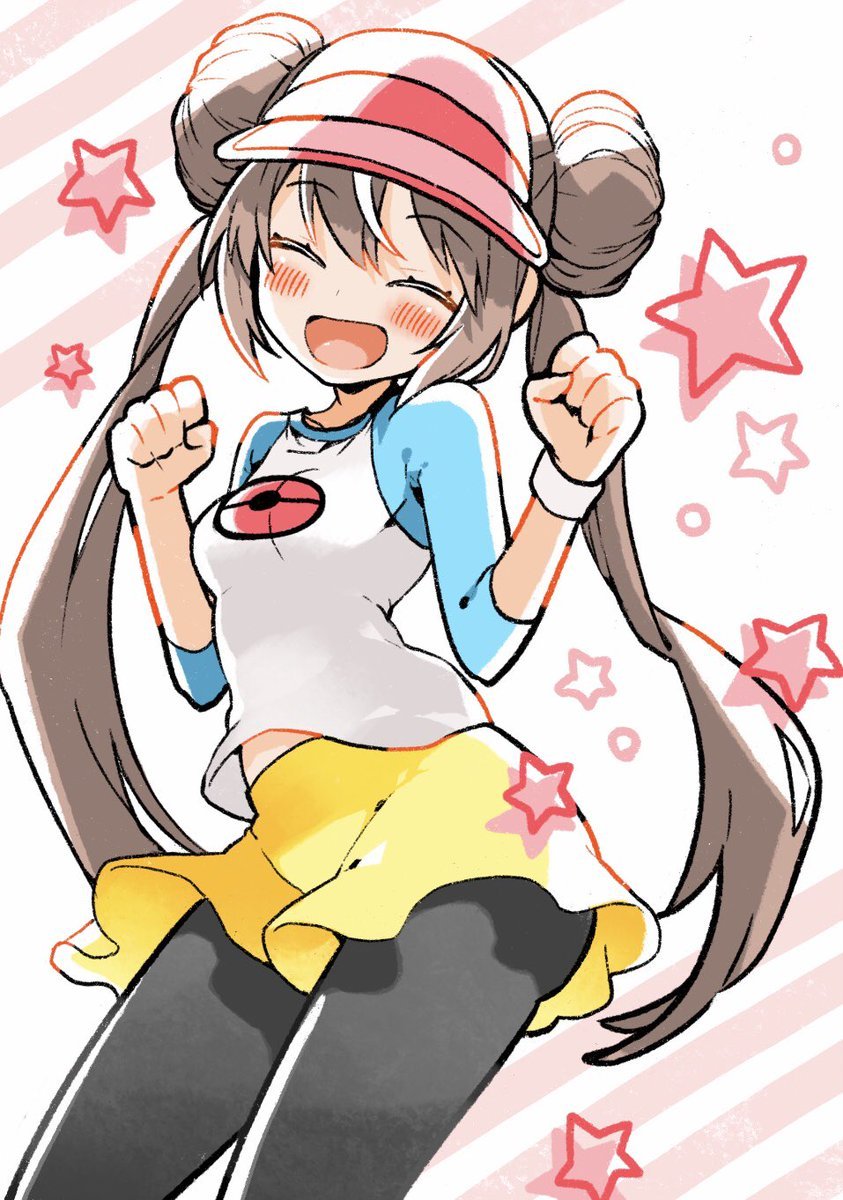 1girl, ^_^, black_pantyhose, blush, breasts, brown_hair, clenched_hands, closed_eyes