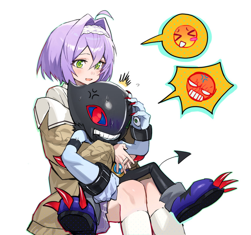 >_<, 1girl, ahoge, blue_skin, cardigan, colored_skin, digimon, digimon_(creature)