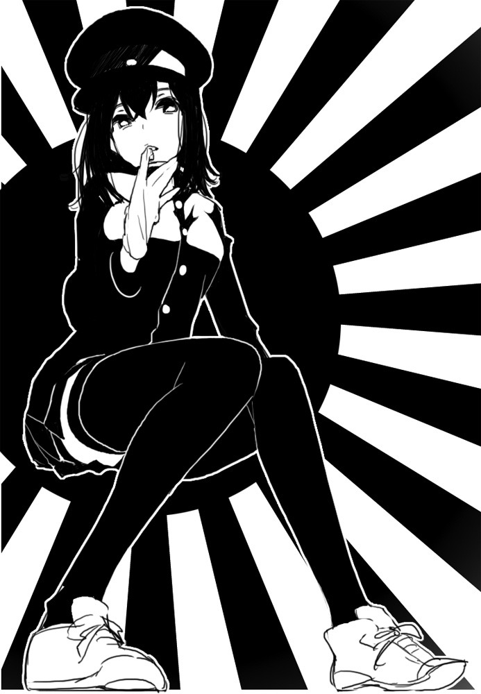 1girl, akitsu_maru_(kancolle), breasts, glove_in_mouth, glove_pull, gloves, greyscale, hair_between_eyes