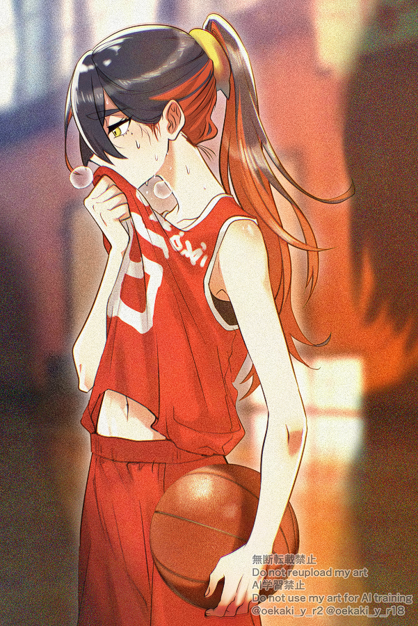 1girl, alternate_costume, ball, basketball, basketball_uniform, black_hair, blurry, carmine_(pokemon)