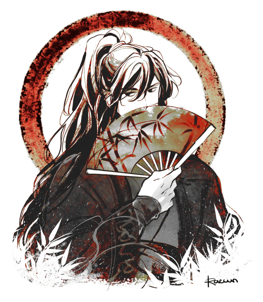 1boy, chinese_clothes, covered_mouth, folding_fan, half_updo, hand_fan, hanfu, high_ponytail